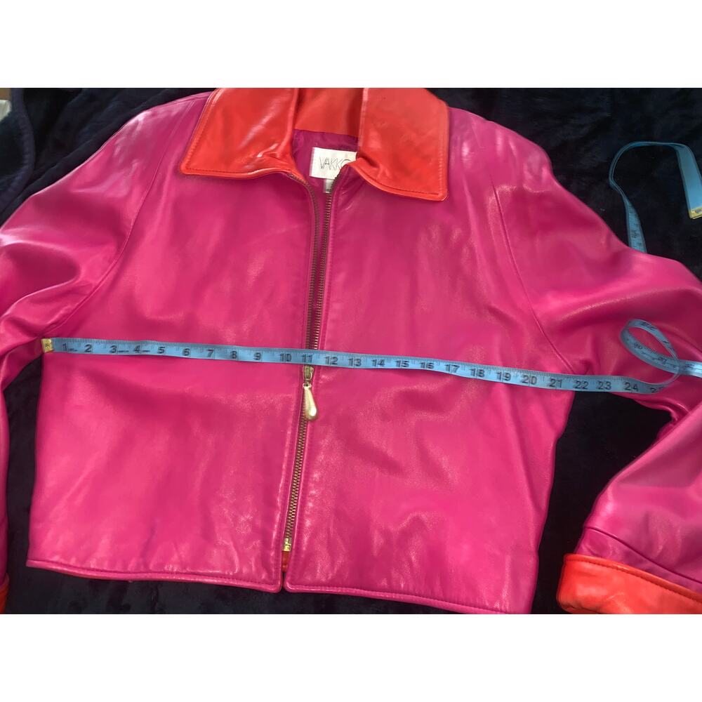 VINTAGE 80's UNWORN VAKKO PINK/ORANGE GLOVE LEATHER JACKET MOD S - Picture 10 of 11
